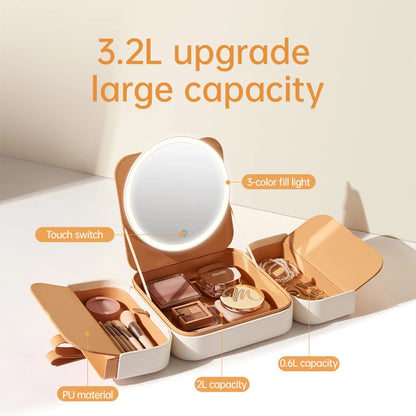 Open caramel makeup organizer displaying its 3.2L storage capacity and organized compartments
