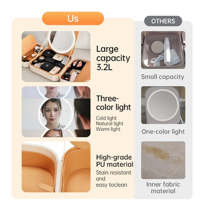 FUNTOUCH makeup organizer showing 3.2L capacity, three light settings, and PU exterior