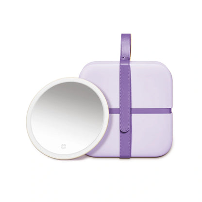 Open lavender travel makeup organizer with round LED mirror and three storage compartments
