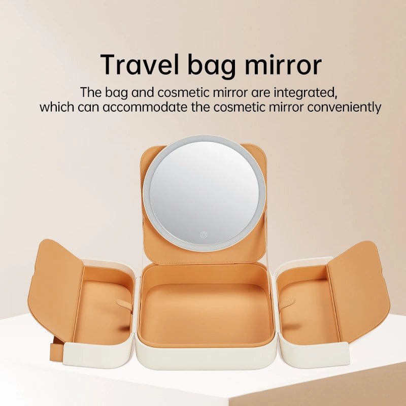 Caramel travel makeup organizer case opened with integrated LED mirror and side compartments