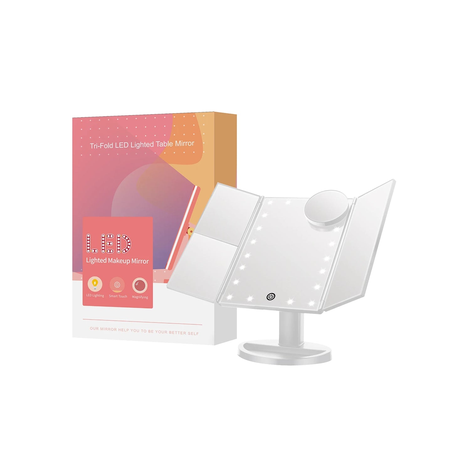 White three-fold makeup mirror with packaging box