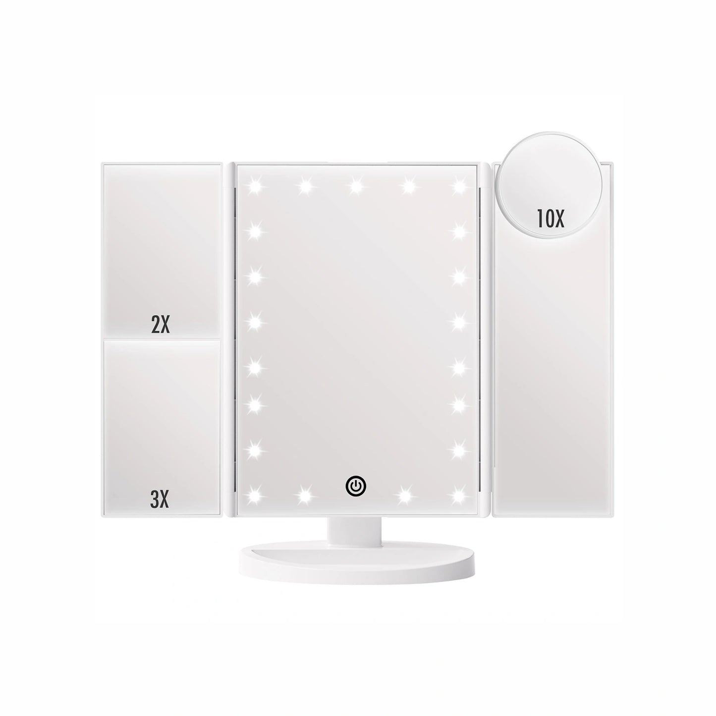 White trifold LED vanity mirror with lighted panels for makeup and beauty routine